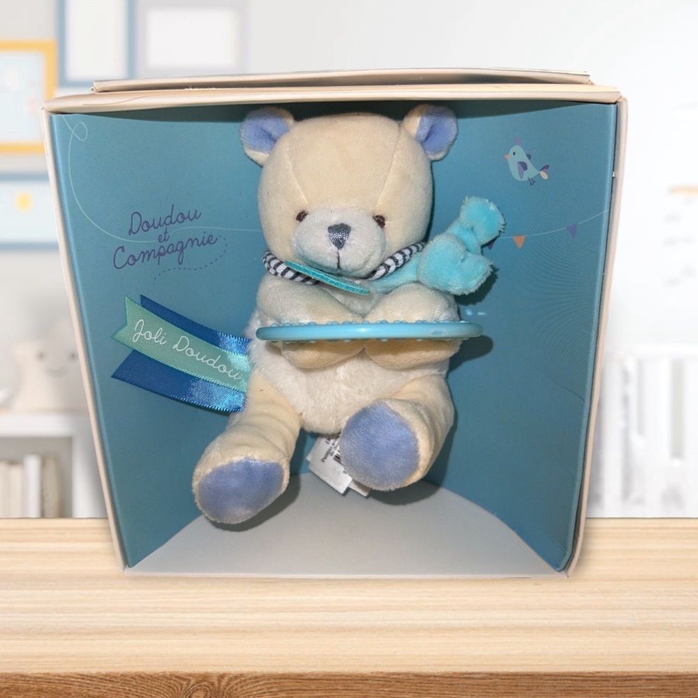 Doudou et Compagnie Paris France Bear Baby Teething Ring White Blue Lux Soft NIB